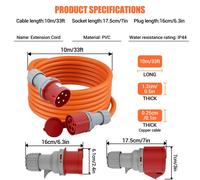Câble d'extension industriel, 10 mètres - 32A. Câble d'alimentation robuste, 5 conducteurs de 2,5 mm² - 380–415V - IP44 - Type CEE vers IEC, pour usage extérieur, chantier