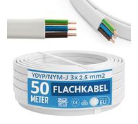 Câble NYM 3 x 2,5 mm² YDYp - Câble électrique 3 pôles 2,5 mm², câble plat 50 m, 11×6 mm, passage pour fenêtre, câble pour pièces humides, conducteurs en cuivre massif, 300/500 V