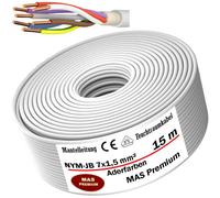 Câble NYM-JB de 15 mètres, 7 brins de 1,5 mm², pour pièce humide, câble d'alimentation électrique, gaine extérieure