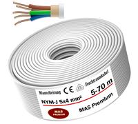 MAS Câble d'alimentation NYM-J de qualité supérieure pour pièces humides, de 5 à 70 m, câble gainé NYM-J 5 x 4 mm², anneau pour pose fixe (15 m)