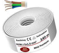 Câble pour pièces humides, câble d'alimentation, câble d'installation, 140 mètres, NYM-J, 5 x 1,5 mm², câble électrique
