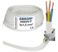 Câble souple, rond, en plastique blanc - H05VV-F - 3 x 1,5 mm². Au choix 5, 10, 15, 20, 25, 30, 35, 40, 45, 50, 55, 60 m et ainsi de suite jusqu'à 100 m par tranche de 5 m