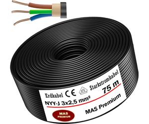 Câble souterrain, câble d'alimentation, 75 mètres, type NYY-J, 3 x 2,5 mm², câble électrique