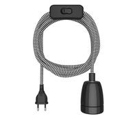 ledscom.de Câble textile LEHA II, fiche, interrupteur, noir, blanc, dentelé, 3 m, douille en porcelaine, 1x E27 max. 300 W