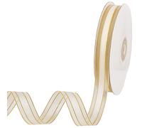 CABODYALS Ruban en Organza Transparent Beige de 45.72 m X 15mm en Mousseline de Soie Blanche avec Bordure Dorée pour Couture Artisanat Emballage Cadeau Bouquets Sapin de Noël