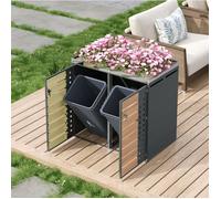 Cache conteneur extérieur 2 compartiments avec bac à fleurs intégré, acier galvanisé gris effet bois, verrouillable
