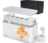 Cache multiprise - avec multiprise intégré, USB-C, USB-A, 5 x Prises - Boite Cache Cable, Boîte de Rangement pour Câbles - ACROPAQ, Blanc