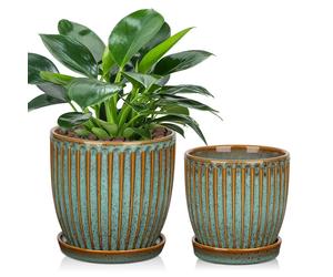 Cache-pot en céramique texturé, couleur bleu foncé, avec soucoupe, 15 cm / 13 cm