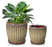 Cache-pot en céramique texturé, lot de 2, avec sous-coupe, diamètre 15 cm/13 cm, couleur marron