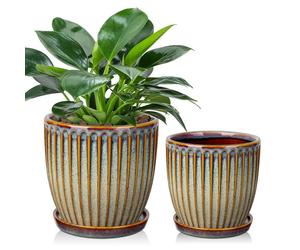 Cache-pot en céramique texturé, lot de 2, avec sous-coupe, diamètre 15 cm/13 cm, couleur marron