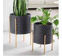 Cache-pot en Métal Massif Noir WOHNLING - Lot de 2 - Design Moderne - Motif nid d'abeille en 3D