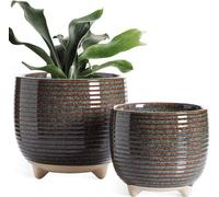 Cache-pots en céramique pour plantes 12 + 16 cm - Pots de fleurs modernes pour la maison et le bureau - Pots pour plantes d'intérieur avec écoulement - Noir brillant réactif