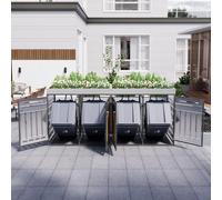 Cache-poubelle 4 compartiments avec jardinière intégrée, panneaux à veinage bois vertical, ventilation perforée, portes verrouillables, structure en fer noir