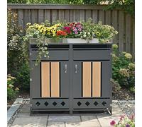 Cache-poubelle à 2 compartiments avec jardinière intégrée, portes verrouillables effet bois vertical, base perforée ventilée, acier galvanisé gris et décor bois