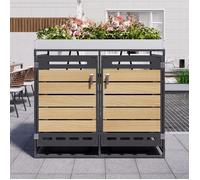 Cache-poubelle double jardin métal, effet bois horizontal, bac à plantes, ventilation, serrure, noir 131x79x120cm