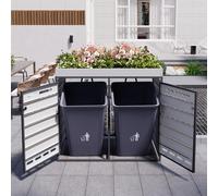 Cache-poubelle en fer noir avec jardinière intégrée, 2 compartiments, façades à lattes horizontales effet bois, ventilation, portes verrouillables et chaînes de sécurité