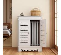 Cache-radiateur en bois avec grille à persiennes et portes, armoire chauffante avec étagère pour salle de bain, salon, cuisine, bureau - Finition blanche