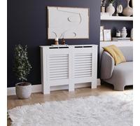 Cache-radiateur Milton, blanc - Taille moyenne - Design horizontal moderne avec lamelles pour une distribution optimale de la chaleur - Dimensions : H82 x L111 x P19 cm - Meuble en MDF laqué, idéal po