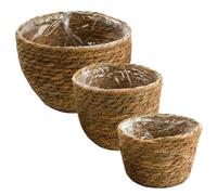 Caches Pot Plante en Osier, 3 Taille Panier à Plantes, Pots de Fleurs Jardin Décoratif en Jonc de mer Seagrass avec Insert en Film, Panier de Rangement pour l'intérieur et l'extérieur, 15cm+17cm+20cm