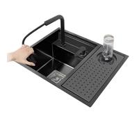 Cact Évier de cuisine en acier inoxydable avec robinet, design caché, idéal pour camping-car, balcon, studio, extérieur, lavage des mains, siphon et couvercle inclus