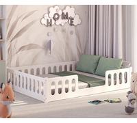 CADANI Monte 2en1 Lit au Sol 140x200 cm Blanc, Lit Enfant Montessori avec Barrière de Sécurité Amovible, Pèse 46 kg, Supporte jusqu'à 200 kg avec Sommier à Lattes Roulant Extra Solide, Transformable
