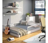 CADANI Timi Lit au Sol 140x200 cm Lit Enfant Montessori avec Barrière de Sécurité et Sommier à Lattes, Bois Massif Pin, Blanc, 3 Variantes de Construction