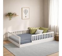 CADANI Timi Lit de Sol 120x200 cm Lit Enfant Montessori avec Barrière de Sécurité et Sommier à Lattes, Bois Massif Pin, Blanc, 3 Variantes de Construction