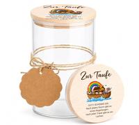 Cadeau de baptême - Bocal de conservation de 850 ml avec couvercle en bois - Arche de Noé - Cadeau de baptême personnalisé pour filles et garçons - Verre souvenir avec papier kraft pour garçons et