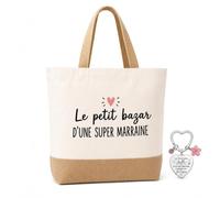 Cadeau Marraine - Sac Cabas Toile & Jute 45x35cm Avec Porte-Clés Cœur | Toile & Jute 45x35x15cm. Superbe Cadeau Pour Marraine Pour Noel Et Anniversaire, Idéal Parmi Les Marraine Cadeaux