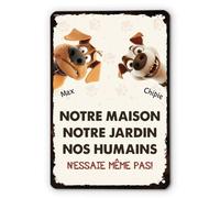 Cadeau Plus Plaque Personnalisée - Notre Maison Notre Jardin - Plaque personnalisée, panneau chien, panneau propriété privée, attention au chien humour (2 chiens)