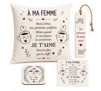 Cadeau Pour Ma Femme Coffret 5 Pièces Cadeaux De Noël Originaux Pour Elle | Cadeau Rigolo Femme Coussin 45 x 45 cm Bois Et Carte Pour Maison Lecture Idee Cadeau Femme Noel