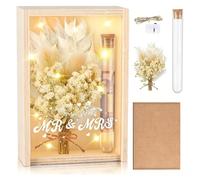 Cadeaux de Mariage pour Mariés, Argent Offert pour Mariage, Coffret en Bois avec Fleurs Séchées, Tube à Essai, Inscription Mr et Mrs + Guirlande Lumineuse LED, pour Fiançailles ou Anniversaire