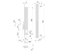 Cadenas électrique à encastrer pour profilés en aluminium, modèles 14020 - 14021, E15, côté droit, face avant de 16 mm, avec système de verrouillage automatique.