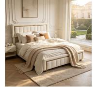 Cadre de lit 140x200 en velours avec rangement intégré, tête et pied de lit à liseré doré, structure en lattes, lit coffre, Beige
