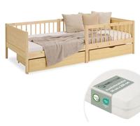 Cadre de lit 90x200 cm avec Matelas 2 Tiroirs Lit enfant Lit en bois Naturel Lit simple Lit à barreaux Sommier Lit bébé