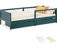 Cadre de lit 90x200 cm avec Matelas 2 Tiroirs Lit enfant Vert Lit en bois Lit simple Lit à barreaux Sommier Lit bébé