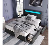 Cadre de lit avec éclairage LED et 2 tiroirs, lit simple rembourré 90 x 200 cm, tête de lit réglable en hauteur, sommier à lattes en bois (matelas non compris)