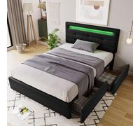 Cadre de lit avec éclairage LED et 2 tiroirs, lit simple rembourré 90 x 200 cm, tête de lit réglable en hauteur, sommier à lattes en bois (sans matelas)