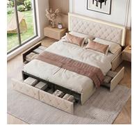 Cadre de Lit avec Tiroirs de Rangement, Lit LED 160 X 200, Lit Deux Place, Lits et Cadre de Lit Pour Adulte, Lit Coffre Blanc