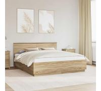 Cadre de lit chêne Sonoma 200 x 200 cm Bois d'ingénierie avec tête de lit réglable, Bandes LED Multicolores, Port USB intégré, Design Moderne pour Chambre Cosy et Confortable