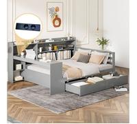 Cadre de lit combiné adulte 140x200 cm avec bureau intégré, rangements, prise USB et 2 tiroirs, sommier inclus, gris