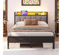 Cadre de lit de 140 x 190 cm avec éclairage LED intelligent, tête de lit avec station de recharge USB, sommier à lattes métalliques ultra-résistantes