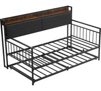 Cadre de lit de jour double, lit de jour avec tiroir, cadre de lit en métal robuste avec station de recharge, lit de jour double avec lattes métalliques pour salon, chambre à coucher, chambre d'amis, 