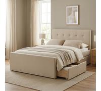 Cadre de Lit Double 140x200 Rembourré Beige Tiroirs Sommier à Lattes Homestyle4u