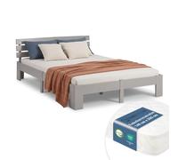 Homestyle4u Lit en bois gris 140 x 200 cm avec matelas et sommier à lattes | Lit double en pin massif et MDF, gris laqué avec matelas et sommier à lattes roulants, bords arrondis, tête de lit 67 cm