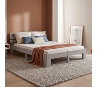 Homestyle4u Lit en bois 160 x 200 cm gris avec matelas et sommier à lattes | Lit double en pin massif et MDF, gris laqué avec matelas et sommier à lattes roulants, bords arrondis, tête de lit 66 cm