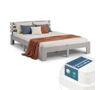 Homestyle4u Lit en bois 180 x 200 cm gris avec matelas et sommier à lattes | Lit double en pin massif et MDF, gris laqué avec matelas et sommier à lattes roulants, bords arrondis, tête de lit 67 cm
