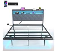 Cadre de lit double - HOMCOM - 140 x 190 cm - lumières LED RGB et station de charge, musique sync - sommier acier - gris