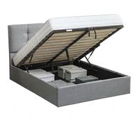 HOMCOM Lit Coffre 140 x 190 cm, Cadre de Lit Double Rembourré 500 kg Gris | Sommier à Lattes en Bois, Rangement Caché, Tête Capitonnée, Tissu Aspect Lin, Sans Matelas