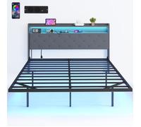 Cadre de lit double - HOMCOM - 160 x 200 cm - lumières LED RGB et station de charge, musique sync - sommier acier - gris